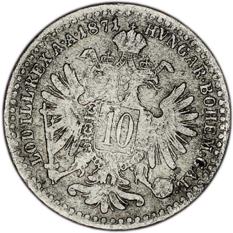 AUSTRIA coin 10 Kreuzer 1871 Key date !!! F Fine