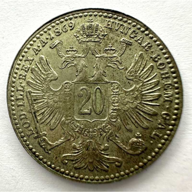 1869 Austria 20 Kreuzer Coin, Silver 0.5, 21mm, XF Extremely Fine