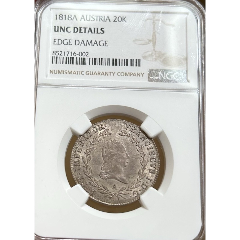 1818-A Austria 20 Kreuzer Silver Coin NGC UNC Details 20K