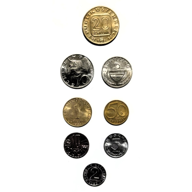 1982 Austria 20,10,5,1 Schilling, 50,10,5,2, Groschen BU Coin Set - 8 Coins