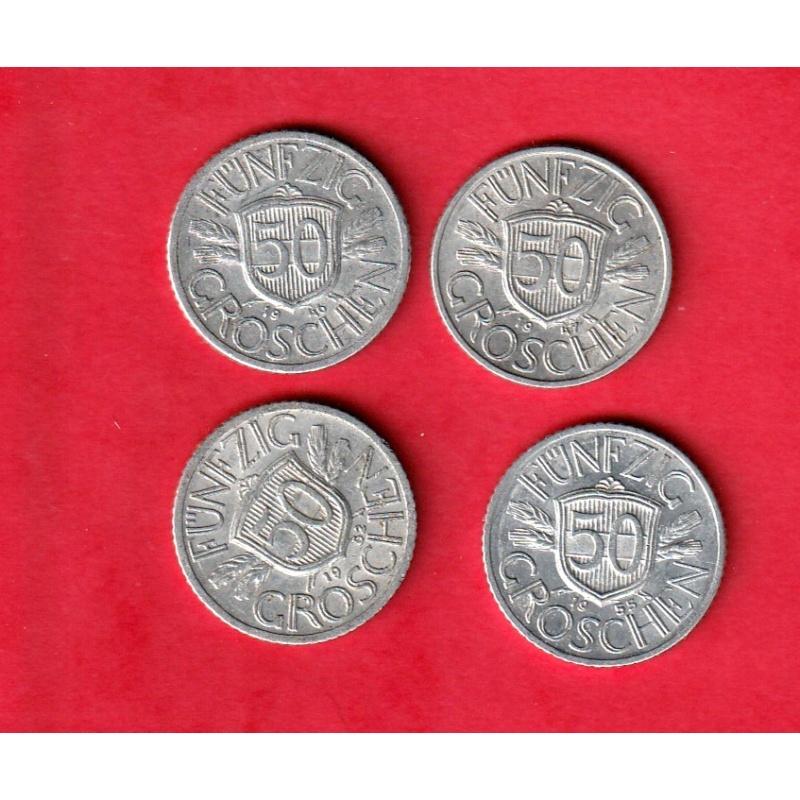 Austria 50 Groschen  Coins (4)  1946 1947   1952 1955  GF Alum. COMBINE ORDERS