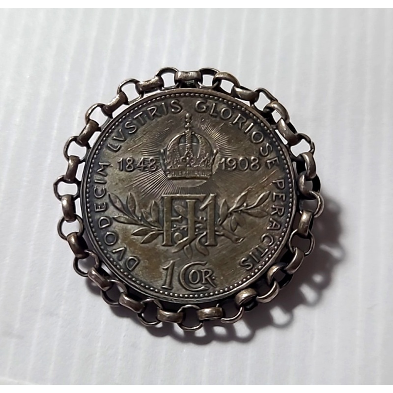 Austria Franz Joseph I Silver 1908 1 Corona Pin Brooch
