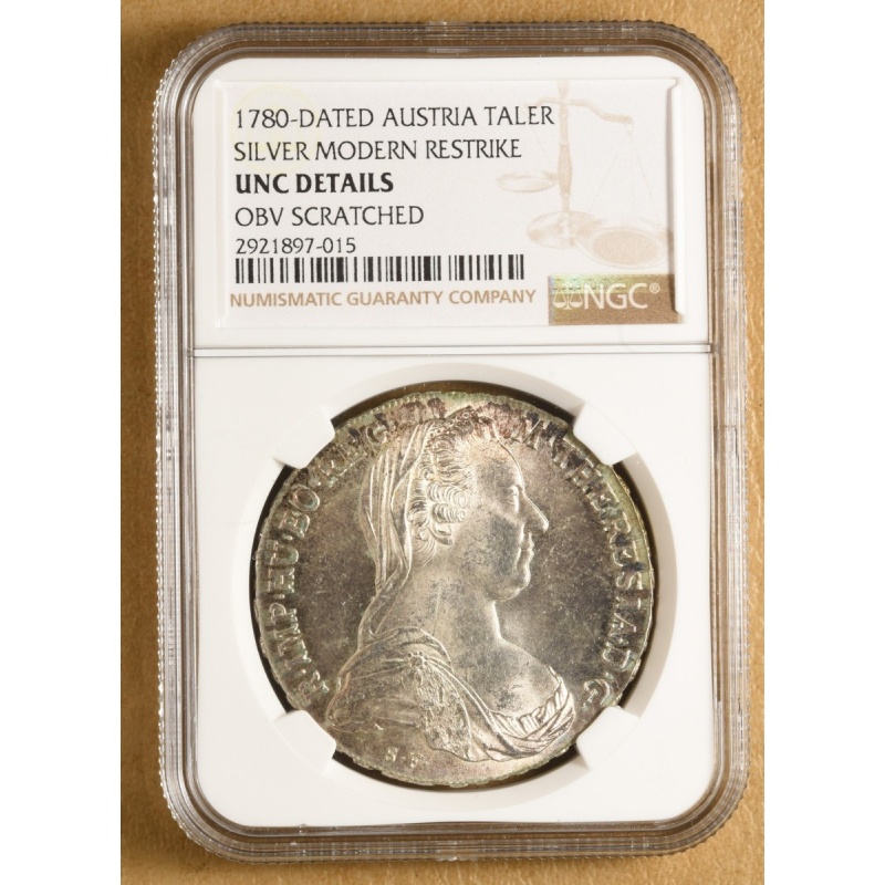 1780-Dated Austria Taler Silver Modern Restrike NGC UNC Details