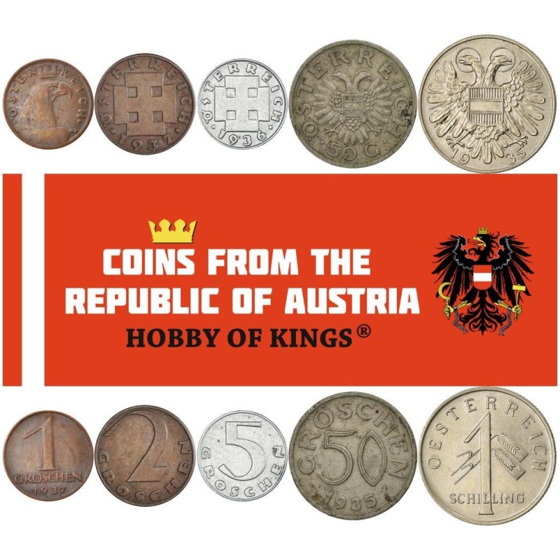 Austria | 5 Coin Set | 1 2 5 50 Groschen 1 Schilling | 1934 - 1938