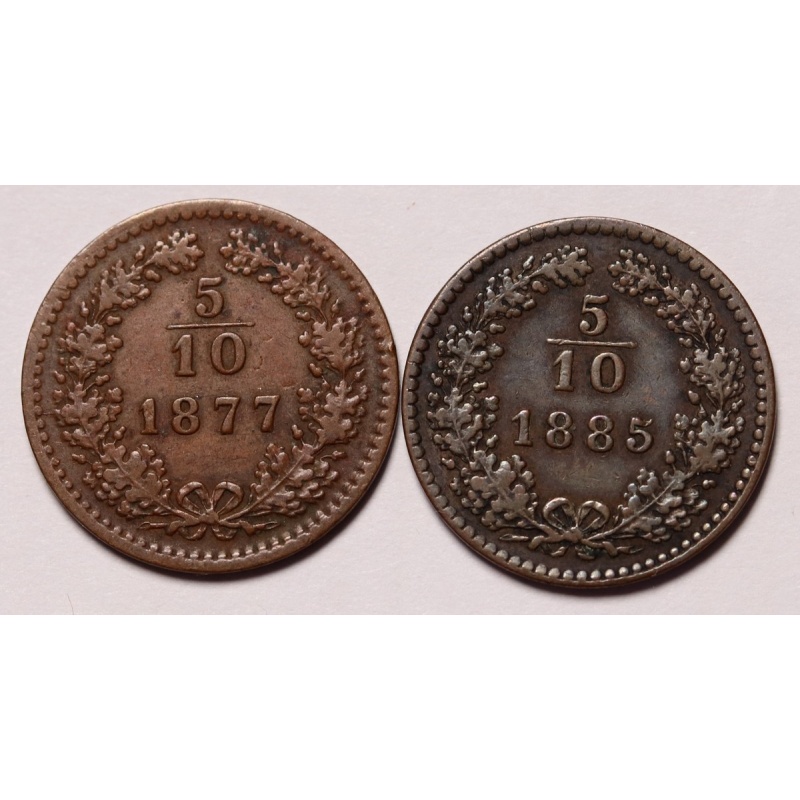1877 & 1885 Austria 5?10 Kreuzer Copper Coins (2) KM#?2183