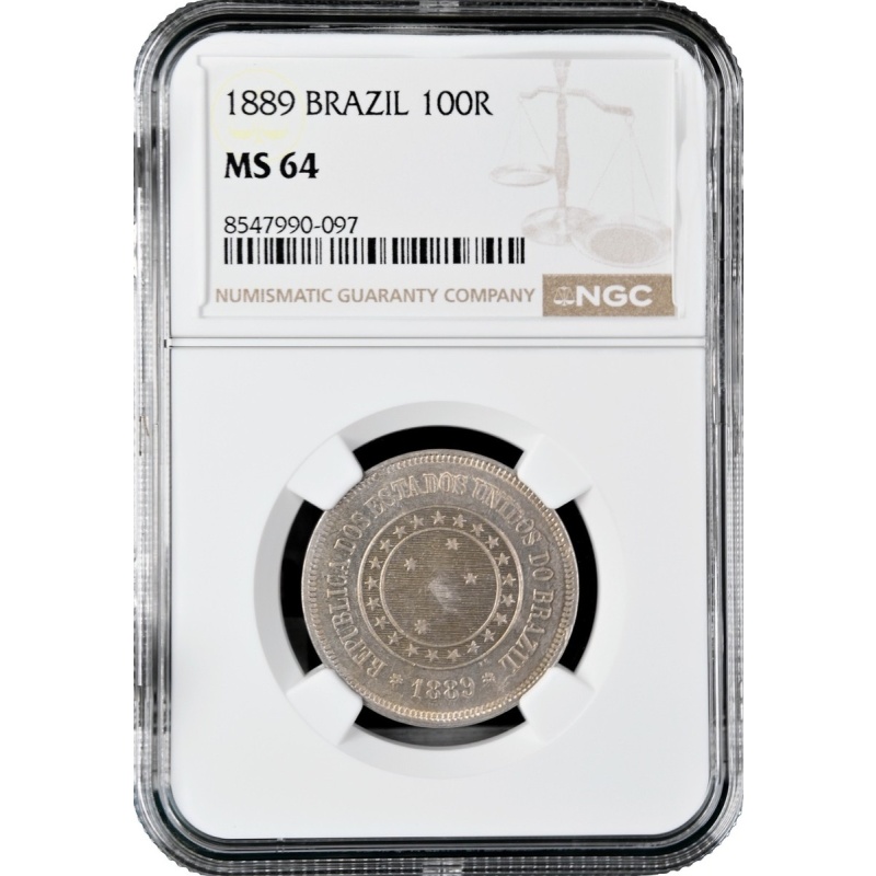 Brazil 100 reis 1889, NGC MS64, "First Republic (1889 - 1942)"