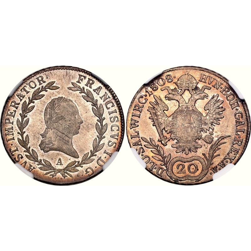 COIN Austria 20 Kreuzer 1808 A NGC MS63 KM#?2141 Silver Franz I UNC Luster