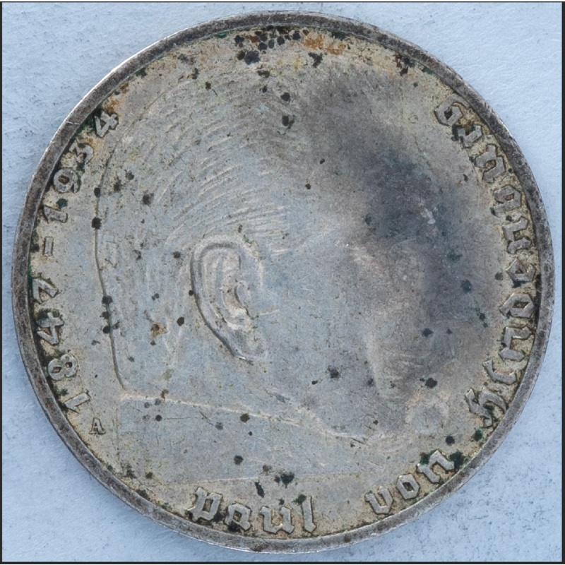 1938 Germany 2 Reichsmark Paul von Hindenburg silver coin Third Reich