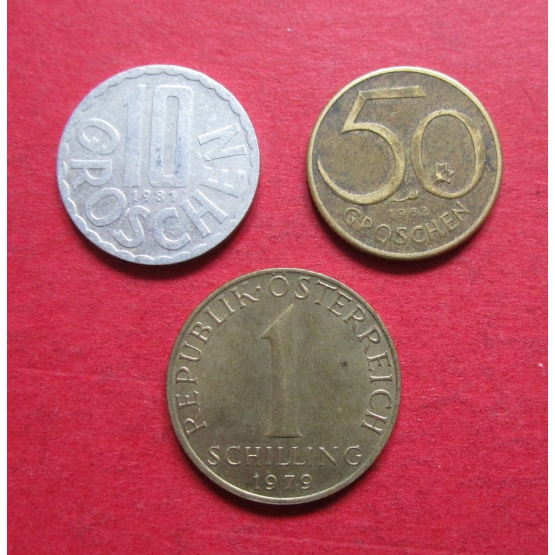 AUSTRIA THREE VINTAGE MIXED DATE 10 & 50 GROCHEN + 1 SCHILLING COLLECTABLE COINS