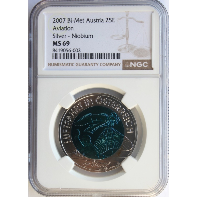 AUSTRIA 2007 BIMETALLIC SILVER-NIOBIUM 25 EURO. AVIATION. NGC MS-69. BOX & COA.