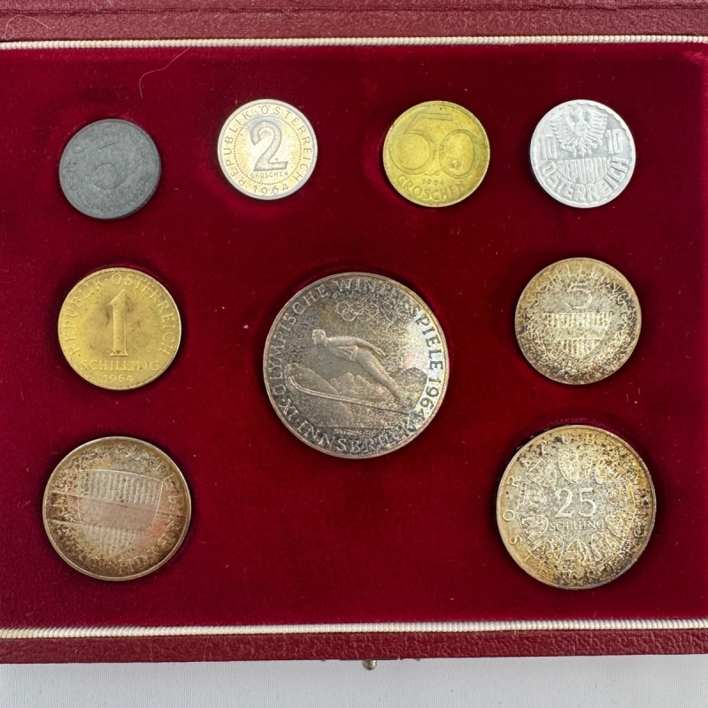 1964 Austria Olympic 9 Coin Proof Set in Original Display Box Toned Coins