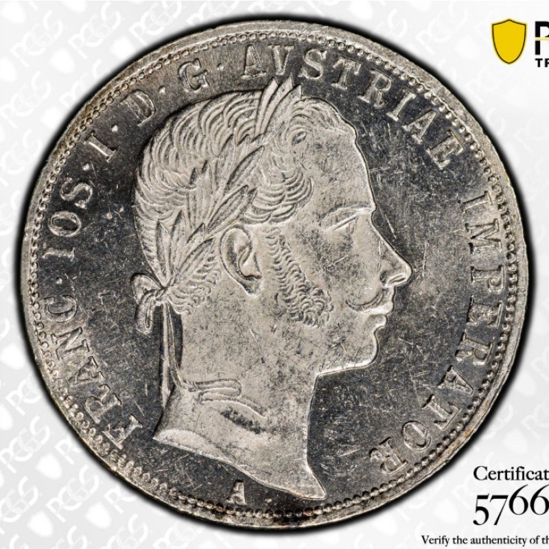 1860-A__MS 62__Florin__Austria__BLAST WHITE / NEAR PROOF LIKE__UNC