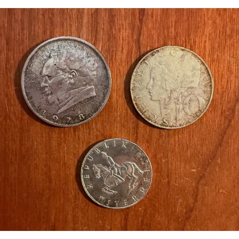 AUSTRIA  1928 2 SCHILLING, 1962  5 SCHILLING, & 1972 10 SCHILLING SILVER COINS