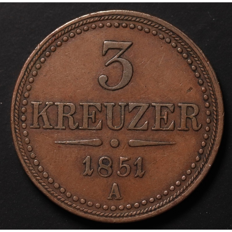 1851 A Austria 3 Kreuzer  Copper Coin 	KM#?2193