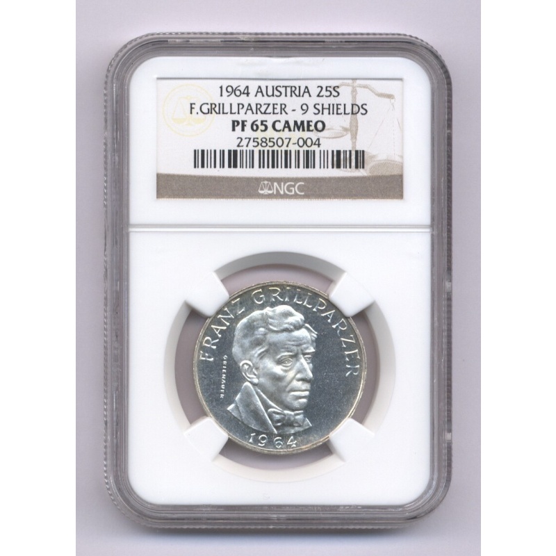AUSTRIA 1964 PROOF 25 SCHILLINGS COIN, NGC PR65 GRILLPARZER 9 SHIELDS, KM#2895.2