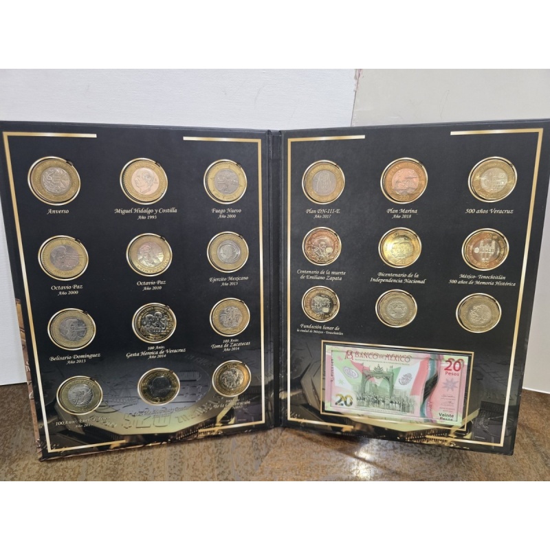 Mexico 20 Pesos Commemorative Bimetal Coins 21 w/ Bank Note key dates & Silver