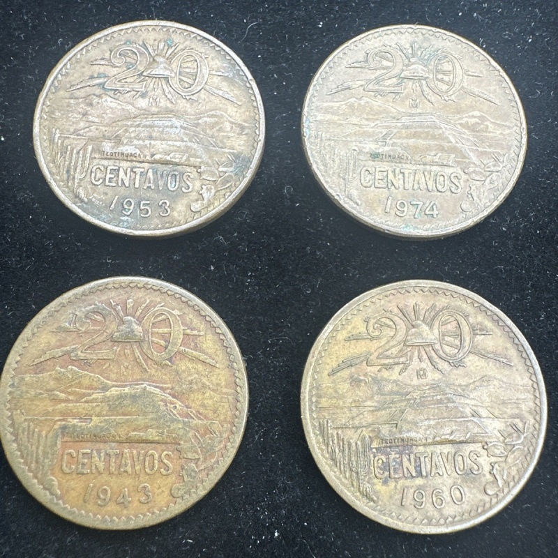 Mexico 20 centavos Coin lot 1943 - 1974 (43, 53, 60, 74) Lot Of 4 Coins