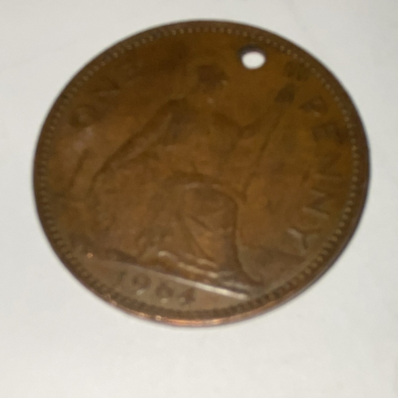 England Penny 1964 Bronze Queen Elizabeth II Circulated Coin with Hole