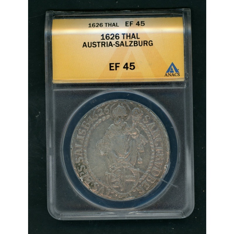 AUSTRIA SALZBURG 1626 THALER SILVER COIN SLABBED ANACS EF 45 KM# 87 AS SHOWN