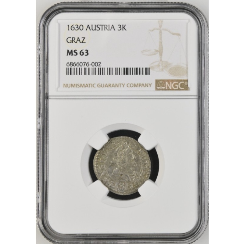 1630 Austria - 3 Kreuzer - Top Pop - Silver - Rare - NGC MS 63 - 1/0