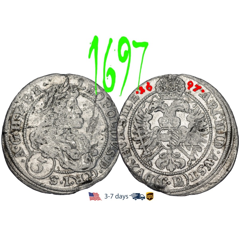 Austria 3 Kreuzer 1697 Habsburg, Leopold I, Silver Coin #33565