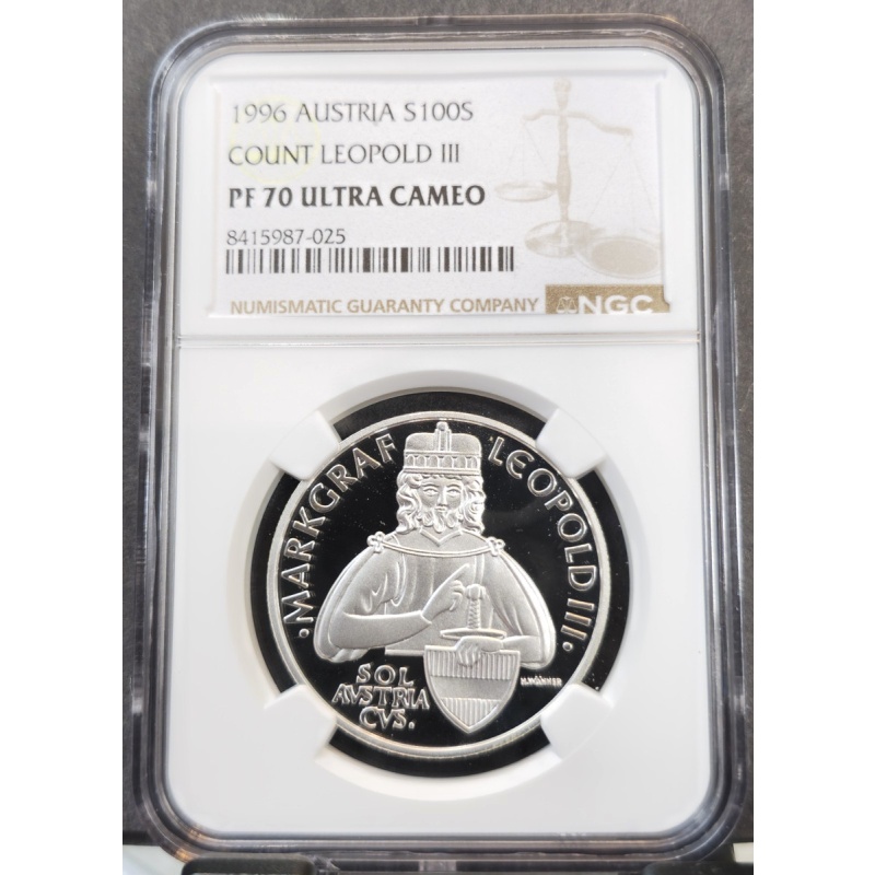 1996 AUSTRIA SILVER 100 SCHILLING COUNT LEOPOLD III NGC PF 70 ULTRA CAMEO POP 2