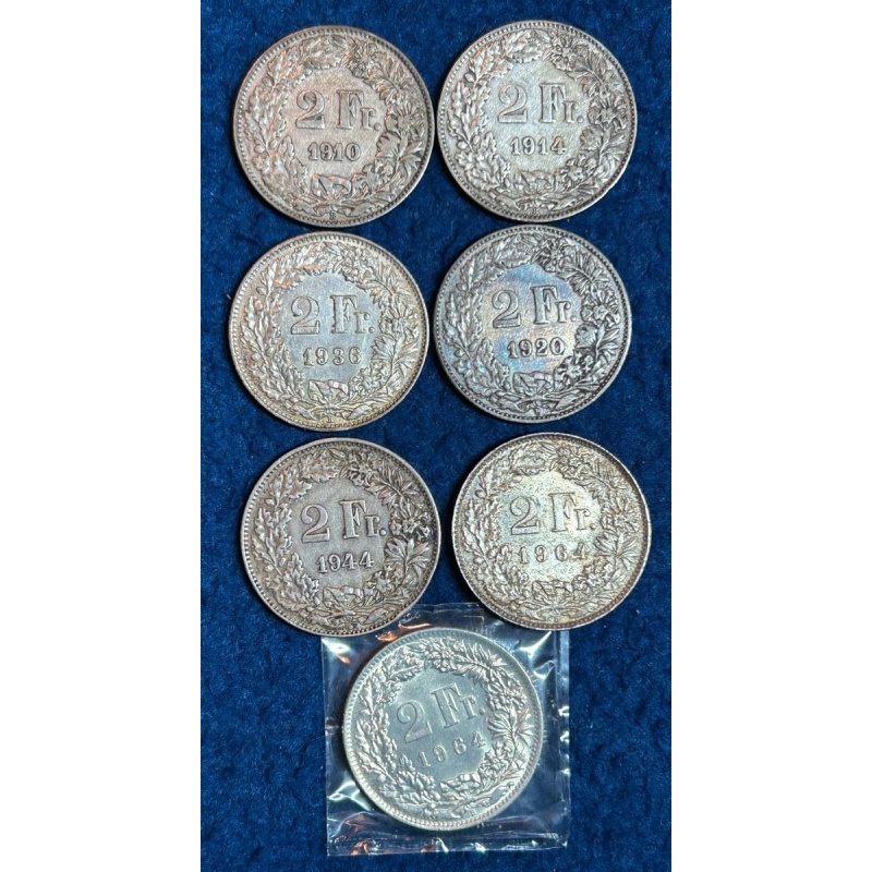 Lot 7 Swiss Silver Coins 2 Franc 1910 1914 1920 1936 1944 1964 Fineness .835