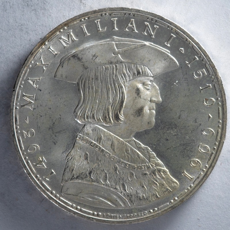 1963 Austria 50 Schilling Maximilian I silver coin historical portrait