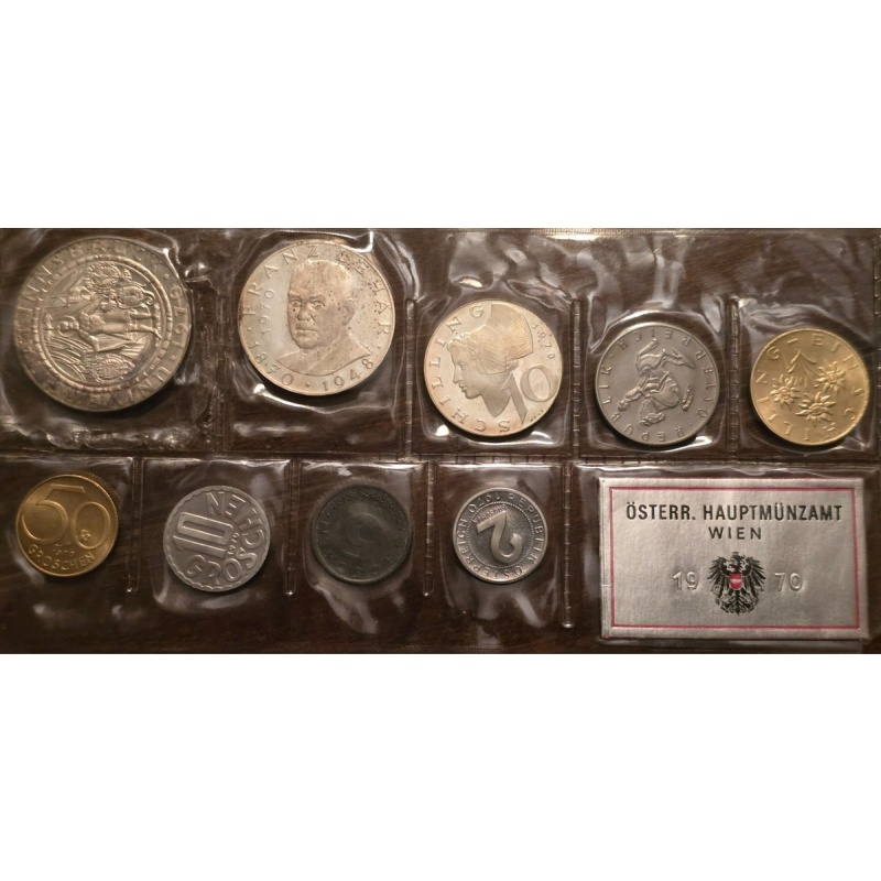 1970 Austria 9 coin Mint Set w/*3 SILVER COINS* - 50, 25 & 10 Schilling; RARE!