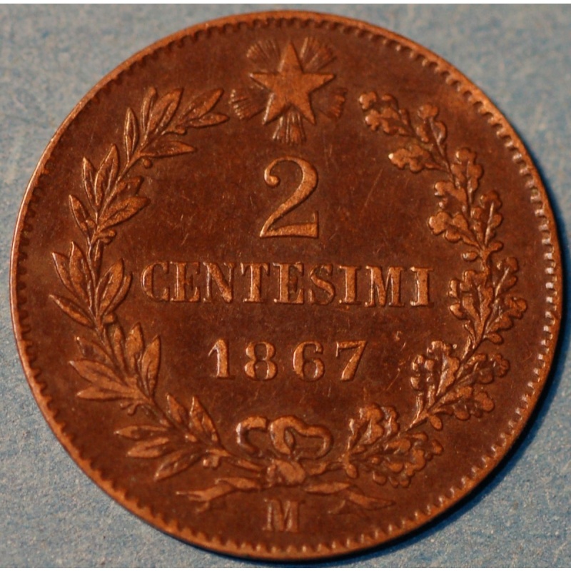 Italian Kingdom 2 Centesimi 1867 M Vittorio Emanuele II KM# 2.1