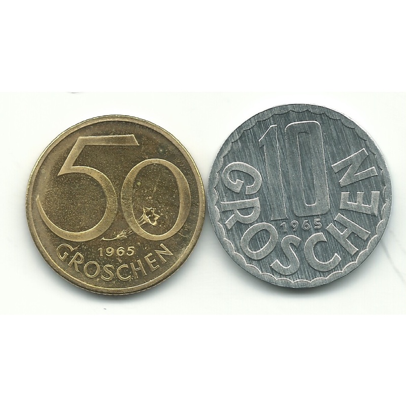 LOT OF 2 HIGH GRADE PROOF 1965 10 AND 50 GROSCHEN COINS-MAY155