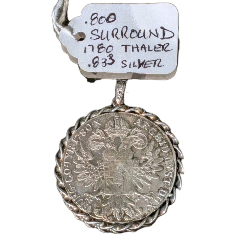 Antique Maria Theresa Thaler Silver Coin Medallion Pendant encircled .833 Silver