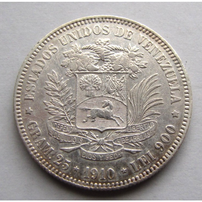 Venezuela KM24.5, 5 Bolivars 1910 nice EF. very light handling marks.