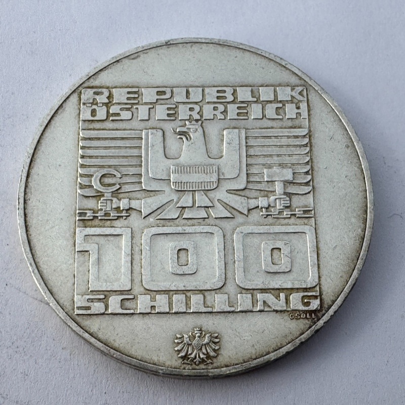 1976 Austria 100 Schilling Silver Coin XII Olympic Winter Games Innsbruck Abstra