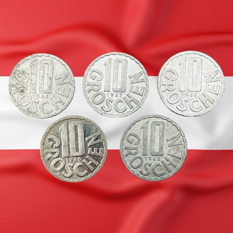 Lot of 5 Austria 10 Groschen Coins- 1950s & 1960s Dates - Combined Ship