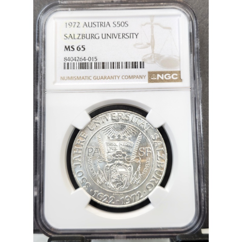 1972 AUSTRIA SILVER 50 SCHILLING SALZBURG UNIVERSITY NGC MS 65 SCARCE GEM BU