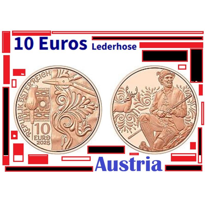 Austria coin 10€ Euro 2025 Lederhose traditional costumes stag deer animal