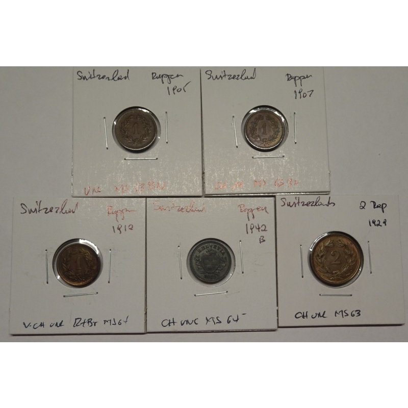 Switzerland Unc/Choice Unc 5-pc Lot: Rappen 1905, 1907, 1912, 1942-B, 2R 1929