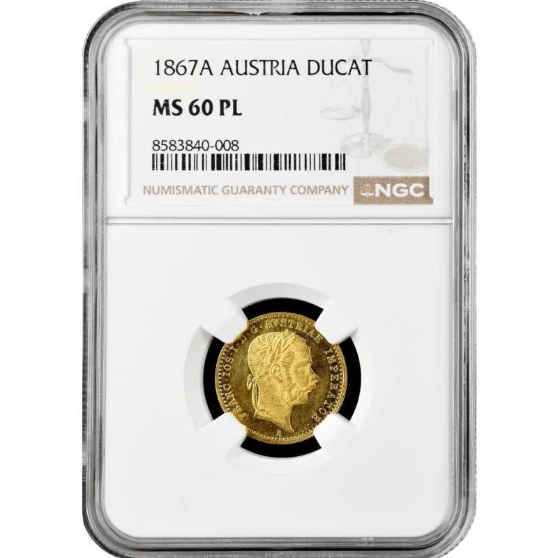 Austria 1 ducat 1867 A, NGC MS60 PL, "Emperor Franz Joseph I (1848 - 1916)" gold