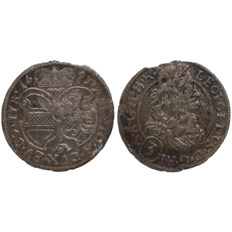 Austria - Austria 3 Kreuzer 1693 - Silver, 1.4g, Ø 20mm Km#1356