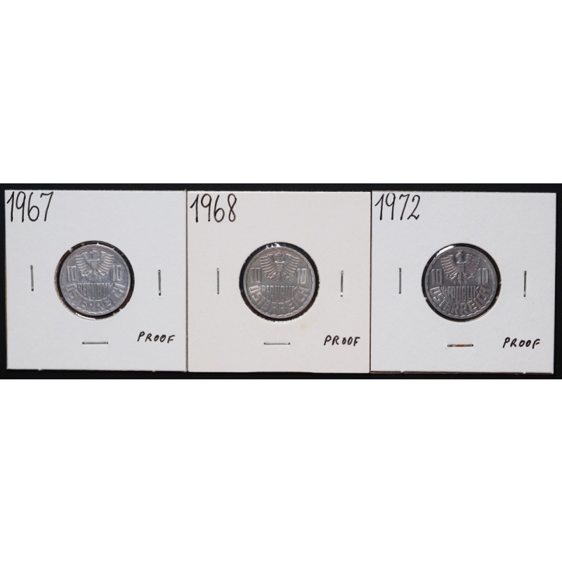 1967, 1968, & 1972 Austria 10 Groschen Aluminium Coins (3) Proof KM#?2878