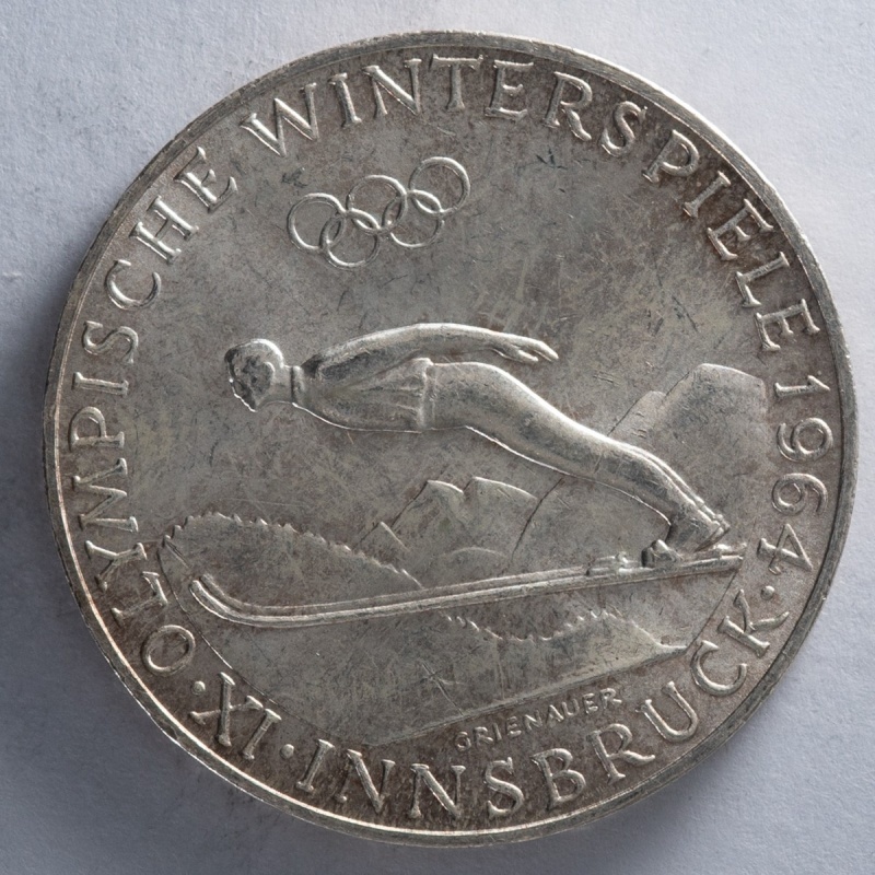1964 Austria 50 Schilling Innsbruck Olympics ski jumper silver coin Austrian