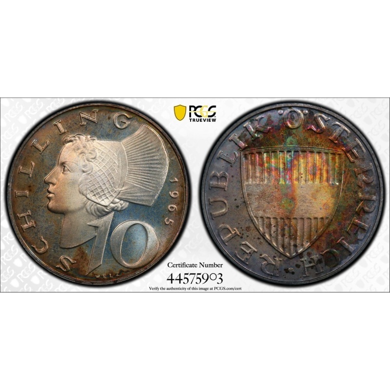 1965 Austria 10 Schilling Proof PCGS PR66 Beautiful Rainbow Toning          1843
