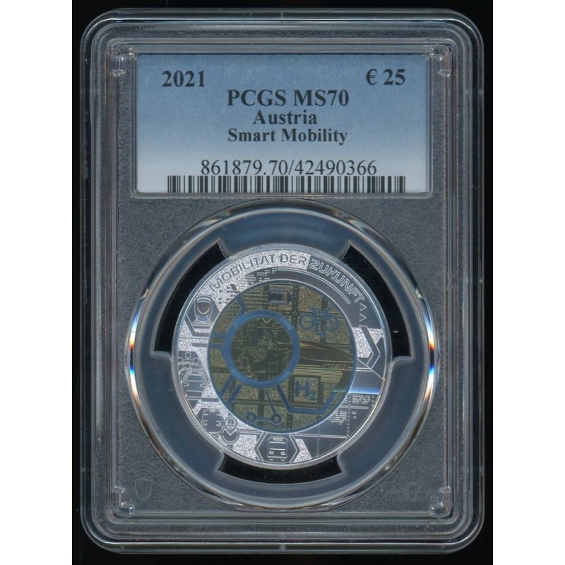 2021 AUSTRIA SMART MOBILITY 25 EURO PCGS MS 70 SILVER & NOBIUM  65,000 MINTED!!