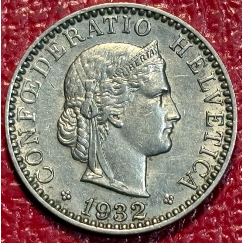 HIGH GRADE AU  1932 B SWITZERLAND 20 RAPPEN COIN-MAY970