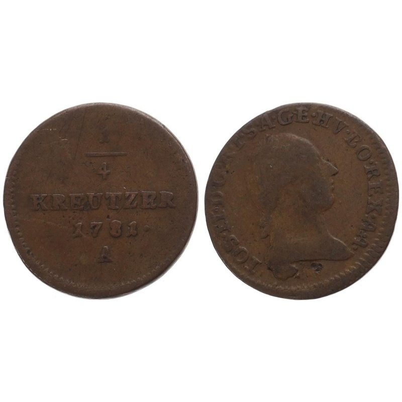 Austria 1/4 Kreuzer Kreutzer 1781 A - Copper, 1.9g, Ø 19mm KM# 2051