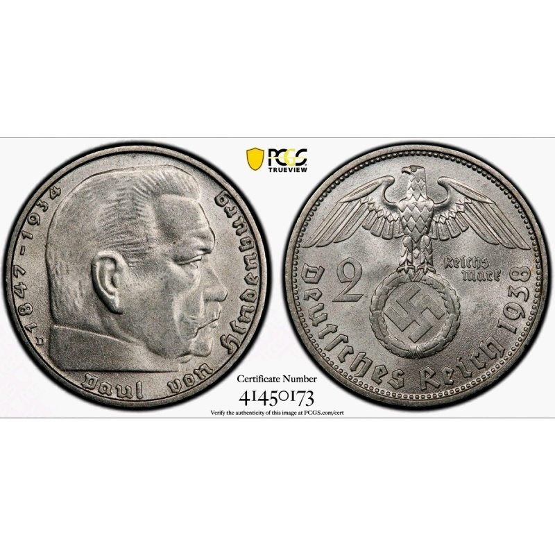 2 Reichsmark 1938 D München Paul Von Hindenburg Third Reich Germany Ms64 PCGS!!