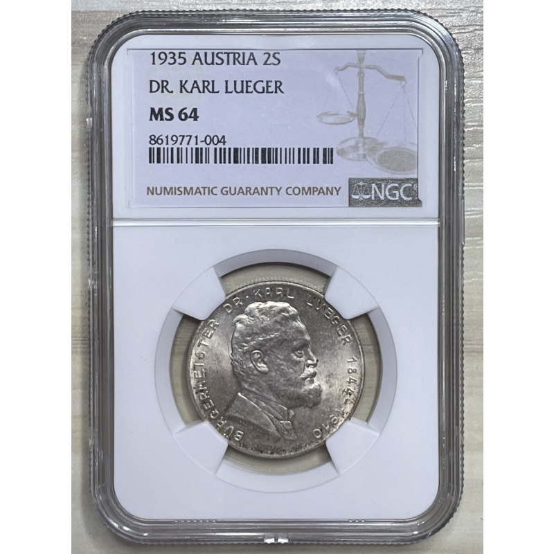 Austria 1935 2 Schilling Silver Coin 25th Death of Dr. Karl Lueger NGC MS64 17/1