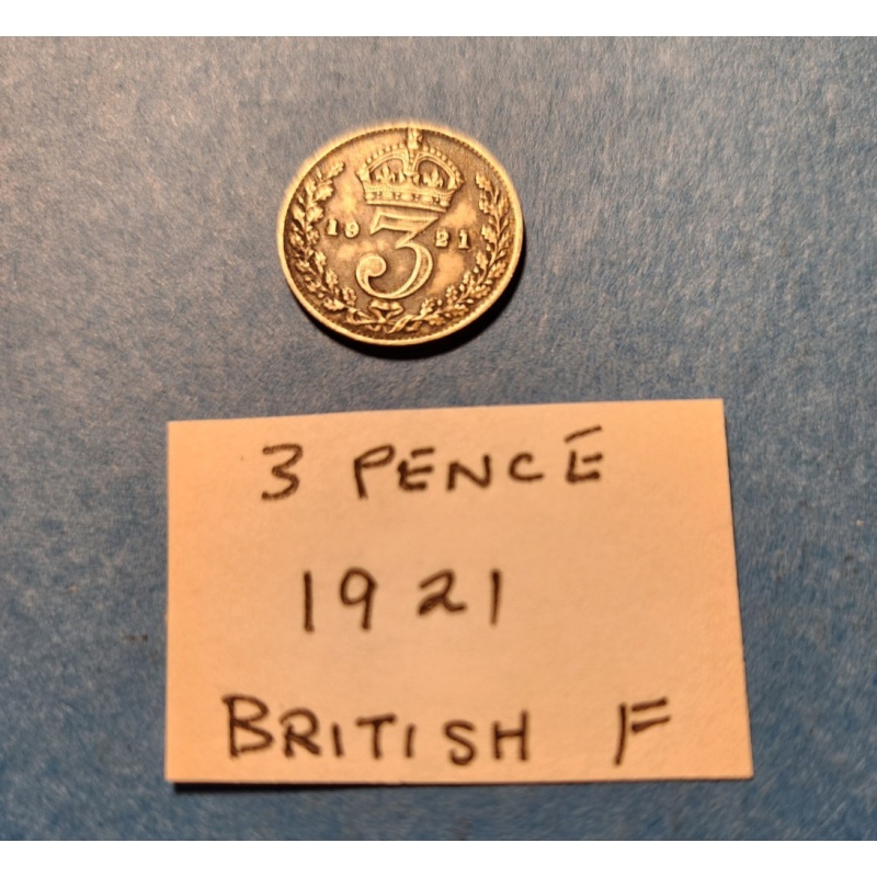 1921 British Silver 3 Pence Coin - Toned - F