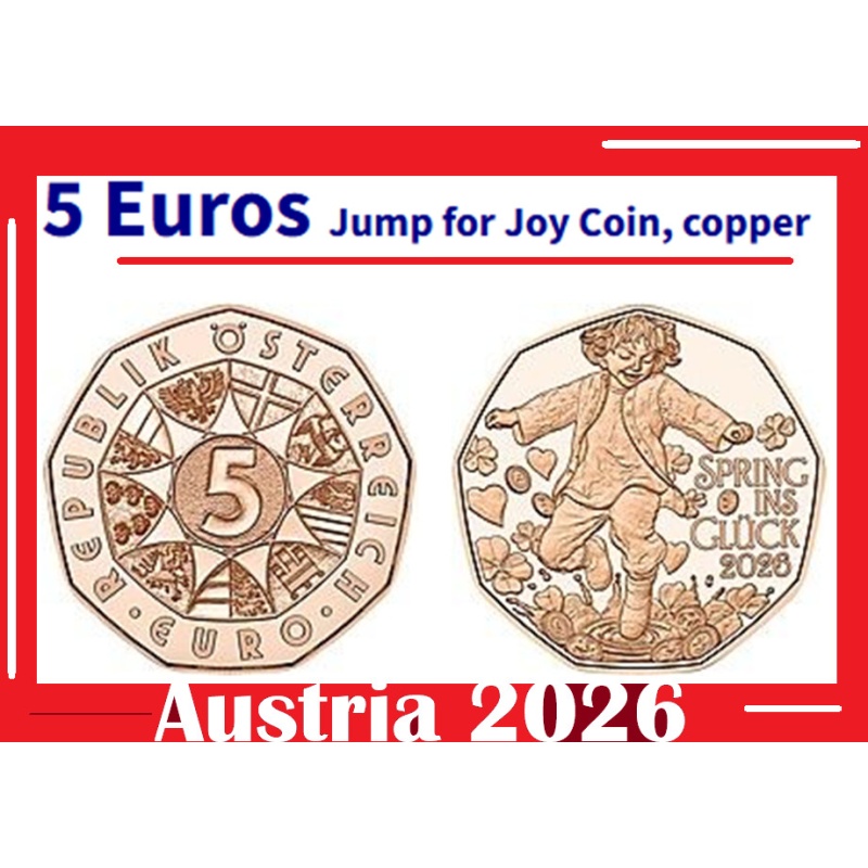 Austria coin 5€ Euro 2026 Jump Joy Child kid luck hearts diamonds clubs spades